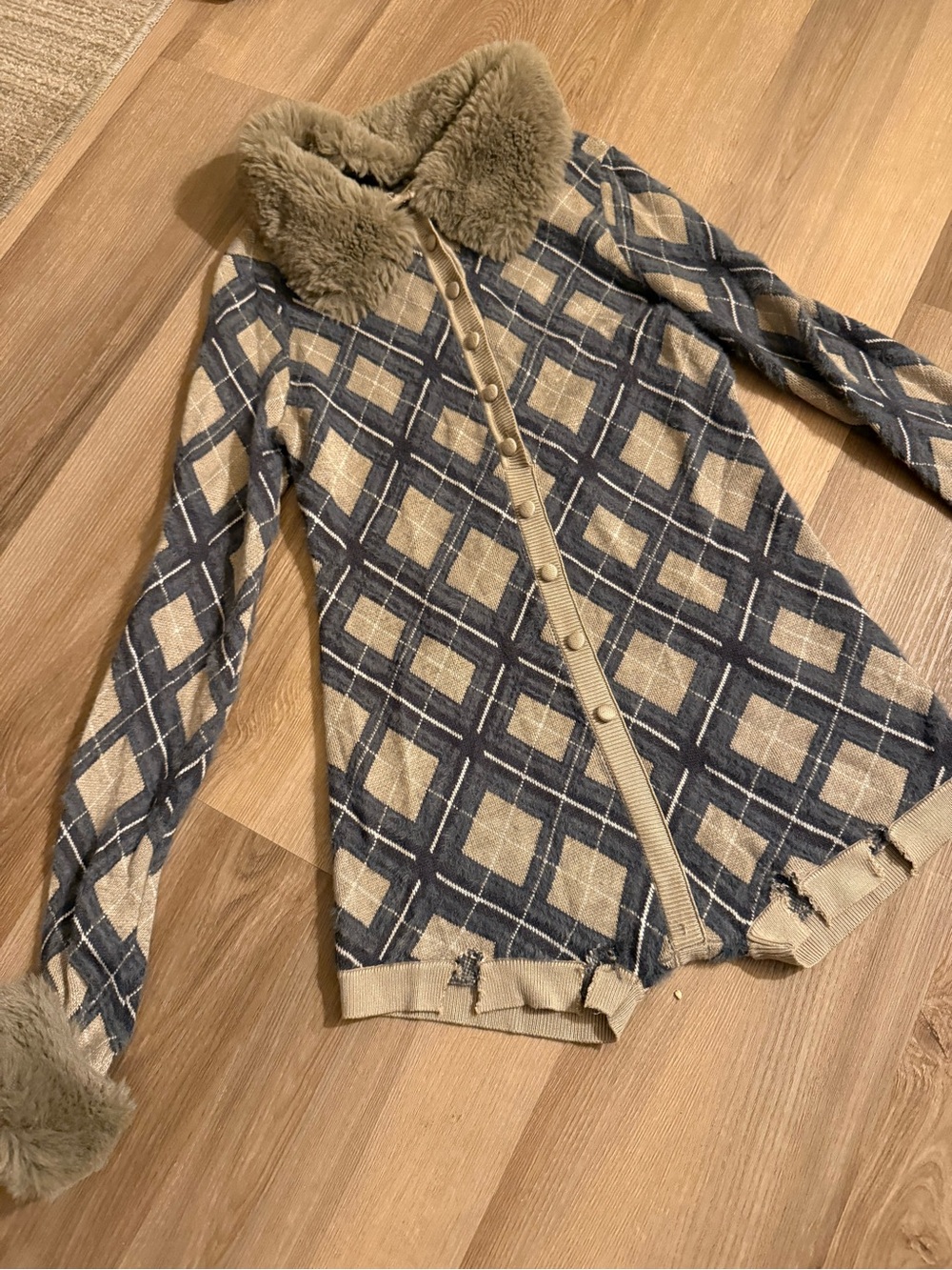 House of Sunny Beige and Blue Plaid Teddy Collar Jacket